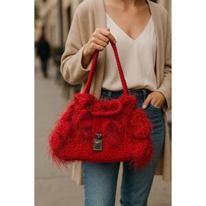 Handmade Red Knit Handbag With Metallic Fringe & Plaid Lining Boho Holidays